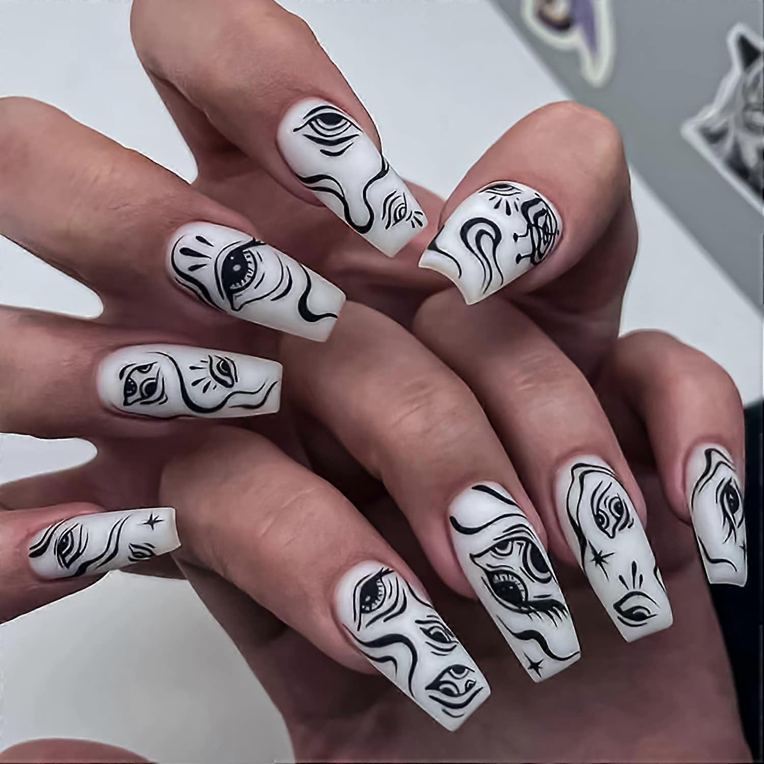 24 Pcs Matte Press on Nails White with Black Line Eyes Pattern Reusable Medium Length Full Cover