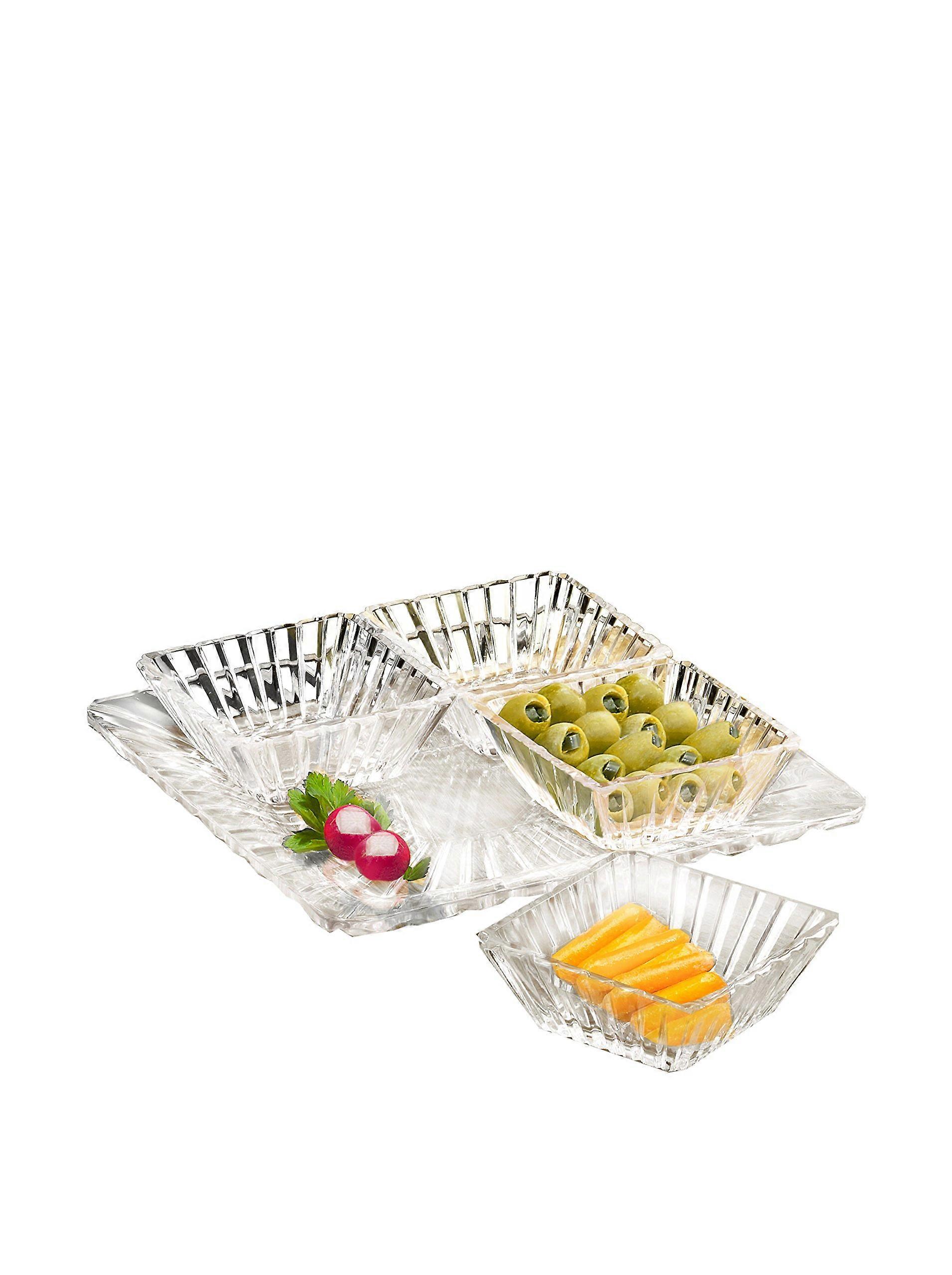 Crystal Serving Set with 4Section Clear Bowls for Appetizers, Desserts and Condiments