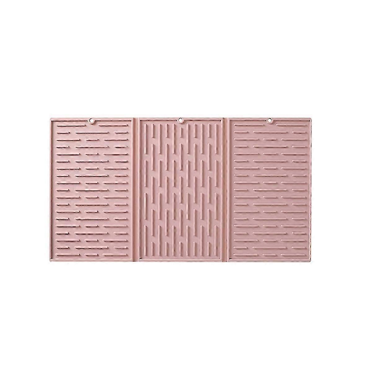 Pink Foldable Tri-Fold Tableware Drying Mat Silicone Draining Mat for Kitchen Counters--