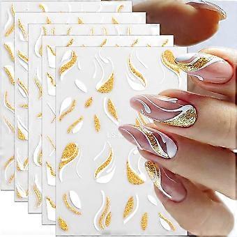 3D paillettes françaises lignes ongles autocollants pour l’art lignes ondulées lignes tourbillonnantes décalcomanies pour ongles autocollants d’ongles français or blanc or géométrique bande courbe ongles autocollants
