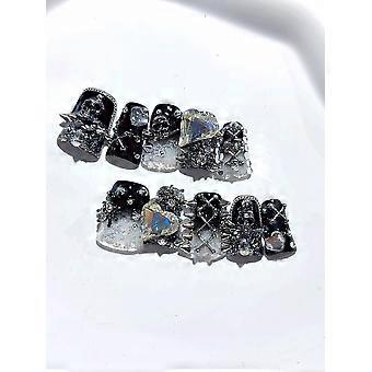 Gothic Press On Nails with Rhinestones, Black Stiletto False Nails Skull and Heart Design, Reusable Short Set
