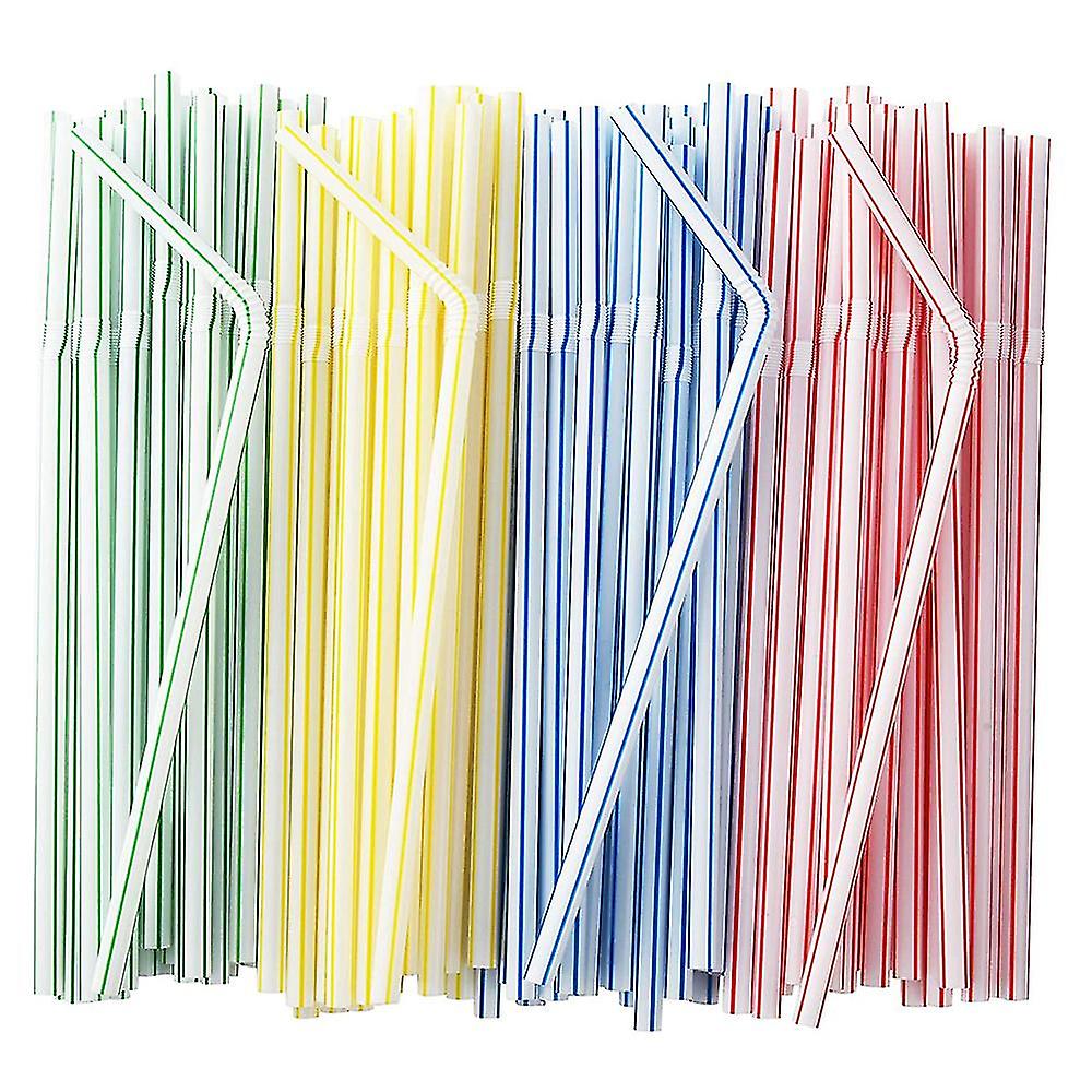 [200 Pack] Flexible Disposable Plastic Drinking Straws - 7.75" High - Assorted Colors Striped