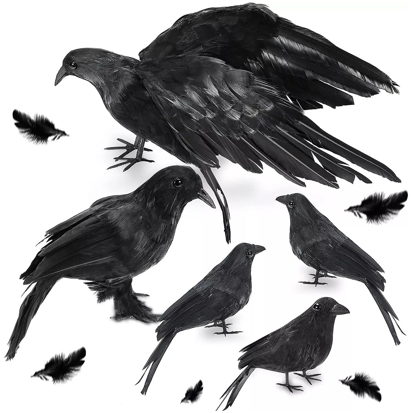 5Pack Halloween Crow Decorations Handmade Realistic Black Feathered Lifesize Fly
