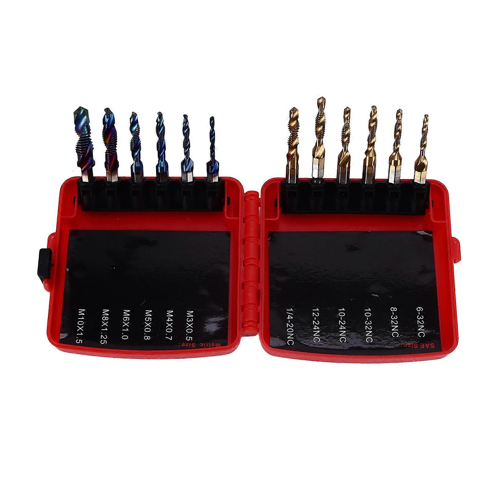 12Pcs Combined Tap Drill Bit Set HSS Metric Blue Plating Imperial Ti Plated 1/4in Hex Shank