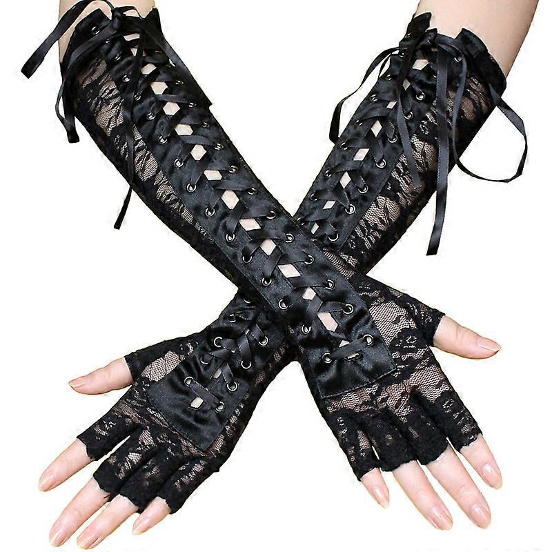 Lace Steampunk Gloves (Black) Fingerless Gloves Adjustable Party Long