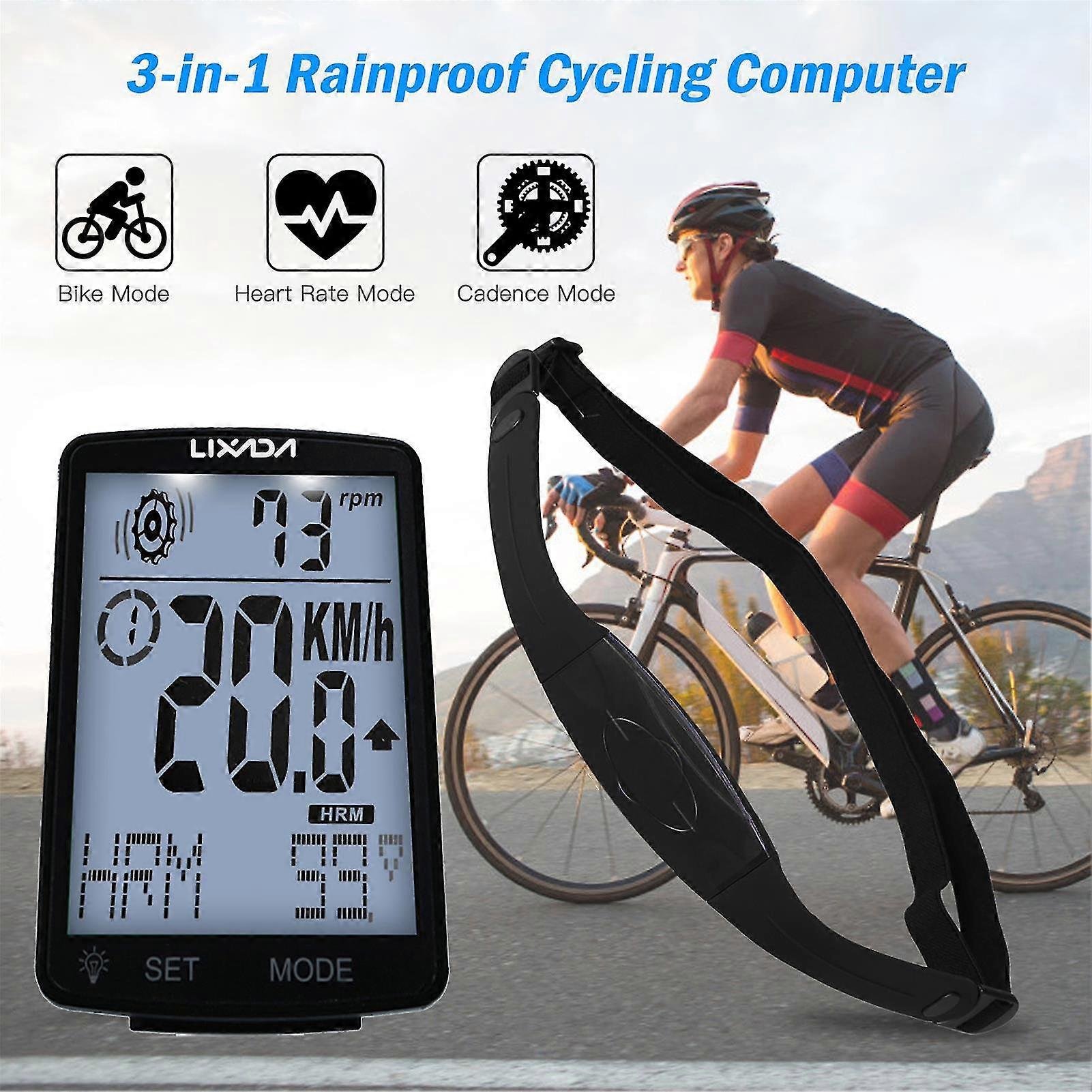 LIXADA 3 in 1 Wireless Bike Computer Multi Functional LCD Screen Bicycle Computer with Heart Rate Sensor Mountain Bike Speedometer Odometer IPX7 Water