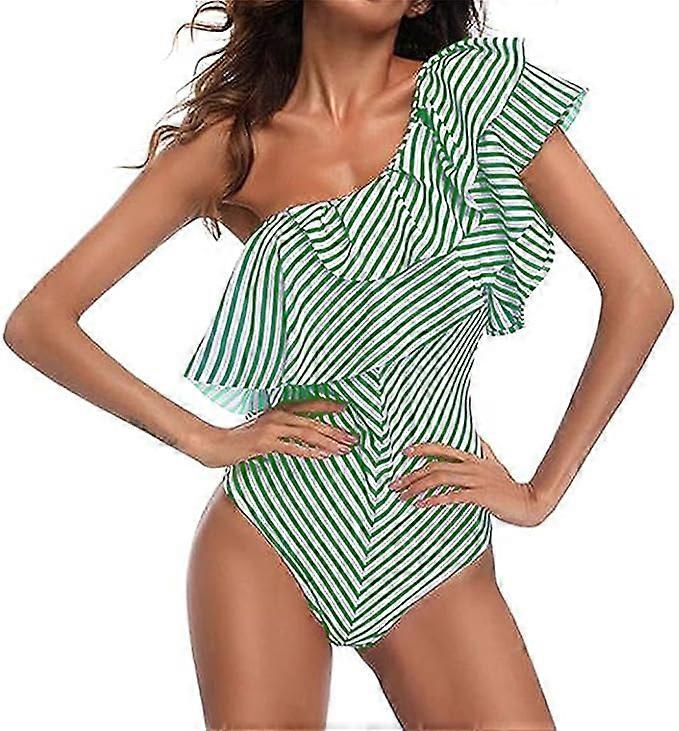 Women's one-piece swimsuit, summer waves model, ruffles on one shoulder and cut-out at the back, size M, green with white