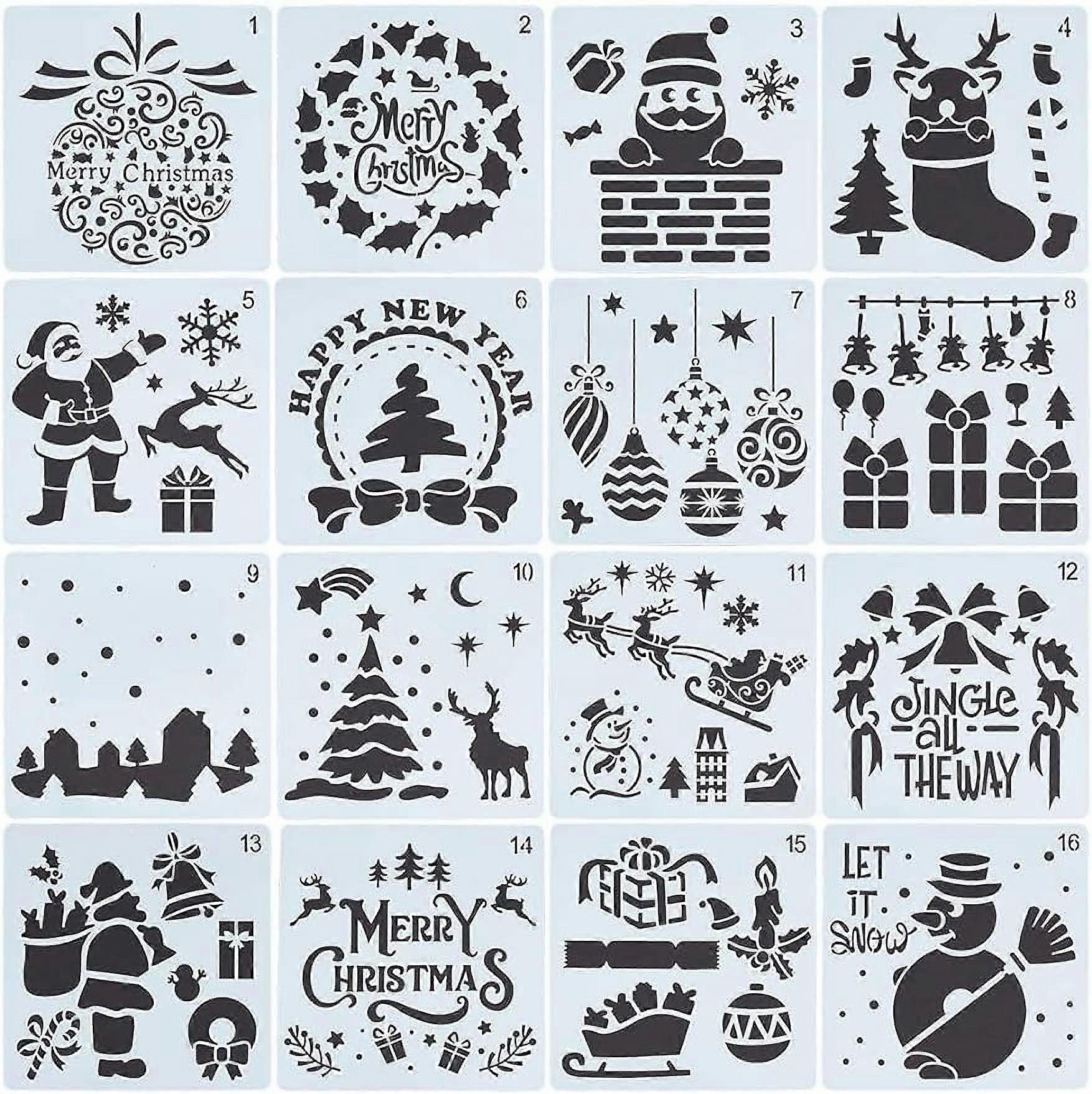 5.9 Inch 16Styles Santa Claus Stencils Reusable Painting Christmas Stencil Plastic Drawing Templates DIY Decorative Socks Presents Tree Snowman Templa