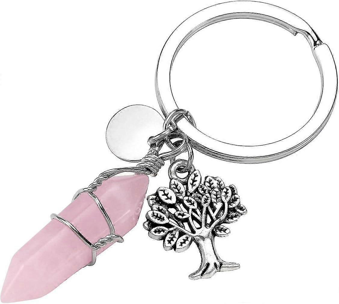 Rose Quartz Hexagonal Gemstone Wire Wraped Crystal Healing Point Chakra Pendant Keychain Silver Tree