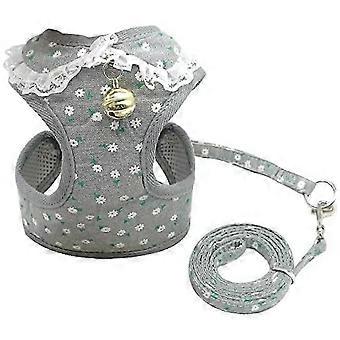 Adjustable Pet Mesh Vest Harness And Leash Set With Cute Bell For Puppy Small Medium Dogs And Cats,gray Flower, S:chest 9.5-14"