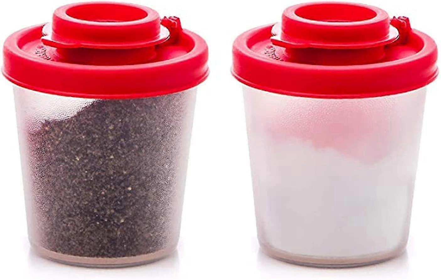 Salt And Pepper Shakers Kitchen Lunch Boxes Travel Spice Set Clear With Red Covers Lids Plastic Airtight Spice Jar Dispenser Lunchboxes (2pc)