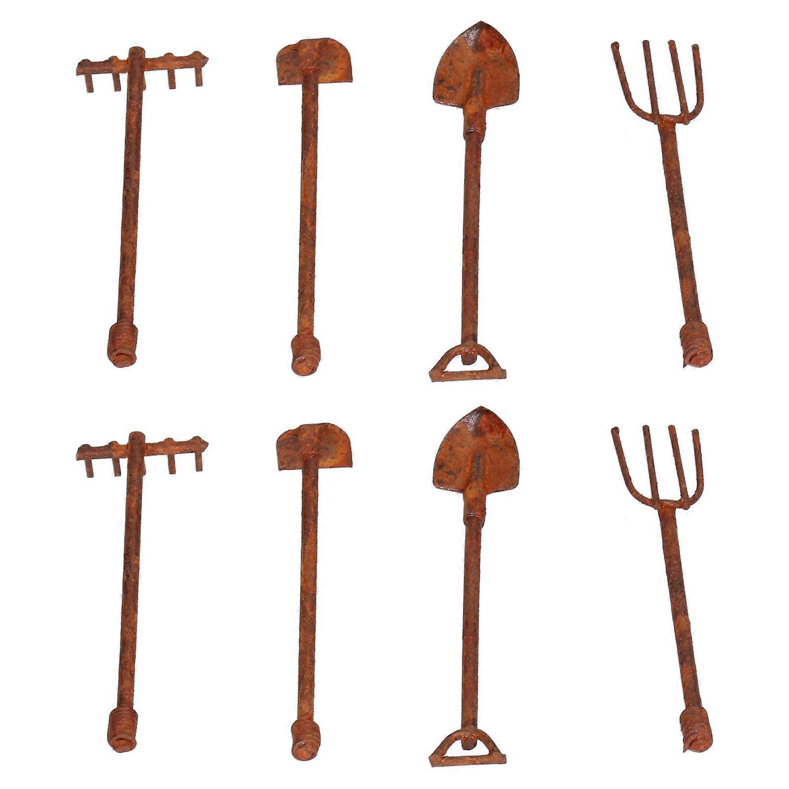 1:12 Scale Dollhouse Farming Tools Miniature Rusty Metal Shovel Hoe and Pitchfork Kit for Garden Landscape4 Tools
