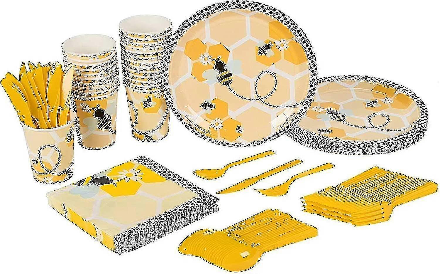 باقة حفلة النحل ، تشمل الأطباق والمناديل والأكواب وأدوات المائدة (40 ضيفا ، 240 قطعة)