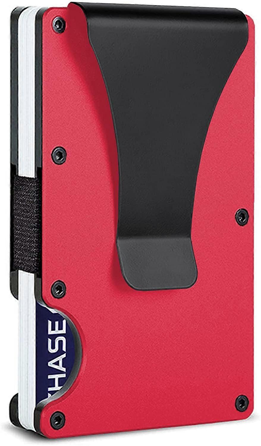 محفظة معدنية بسيطة مع مشبك نقود - حامل بطاقة ائتمان رفيع من الألومنيوم RFID حجب محافظ الجيب الأمامي للرجال والنساء (أحمر)