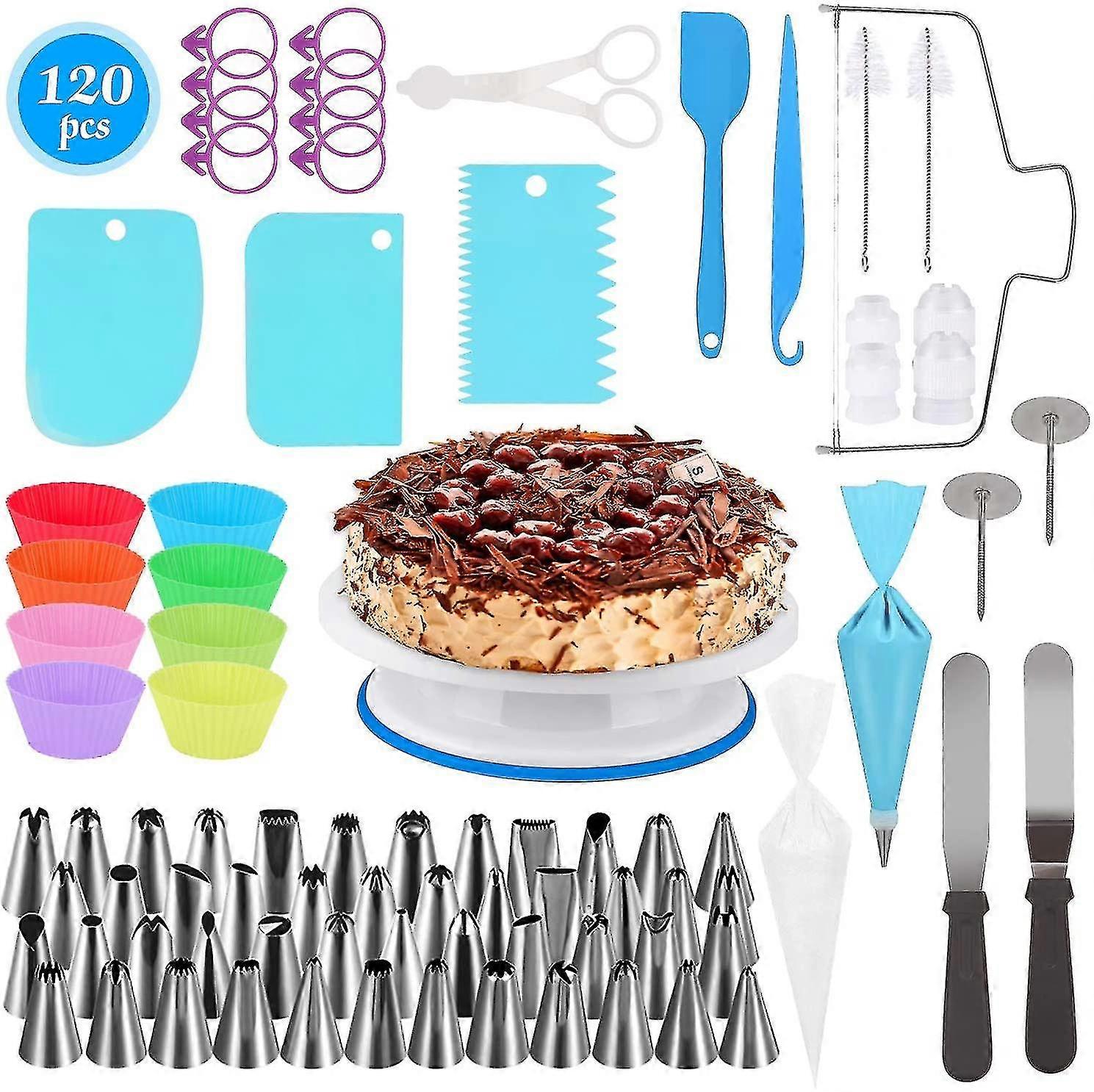 Cake Turntable Cake Decorating Kit 120pcs, Cake Decorating Tools Set With Rotating Cake Stand Piping Bags And Nozzles Cake Scraper Leveller, Diy Bakin