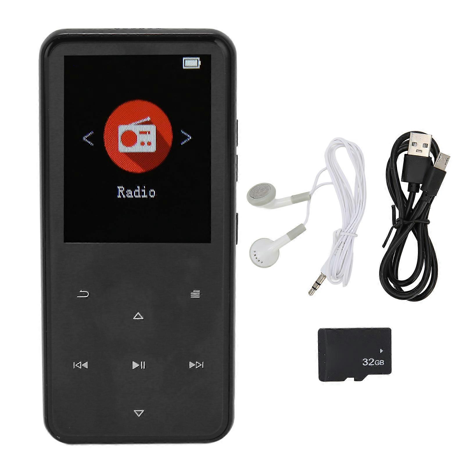 MP3 Player 2.4 Inch Smart HD Noise Reduction Touch Button FM Radio 16GB Bluetooth 5.0 Music Player with Memory Card Black 32GB Memory Card