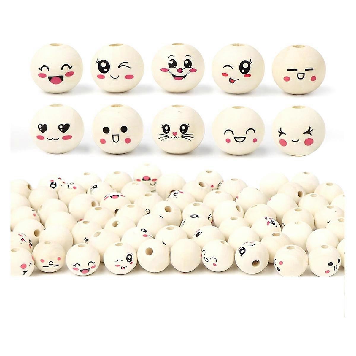 10 Styles Wooden Beads with Face, Pack of 100 Wooden Balls with Face 20 mm with Hole, Wooden Heads with Face for Crafts