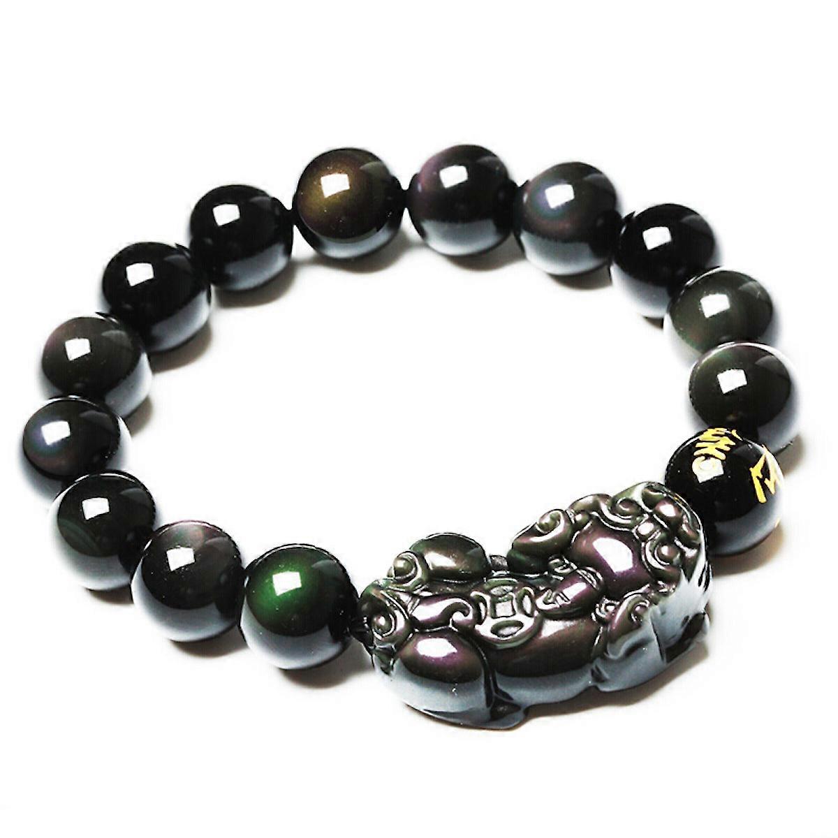 Natural Rainbow Light Black Obsidian Bracelet Pi Xiu Beaded Stretchy Luck Bracelet
