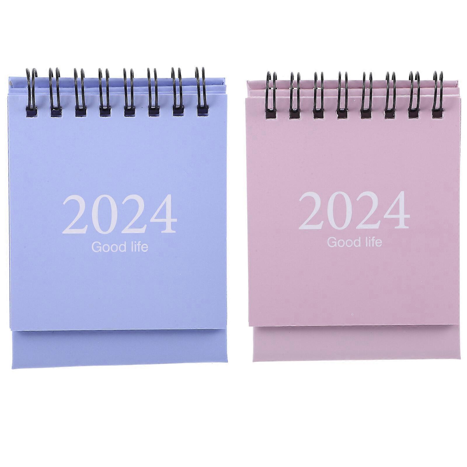 2Pcs Mini Desk Calendar 2024 Year Table Mini Calendar Decorative Spiral Calendar Tabletop Calendar