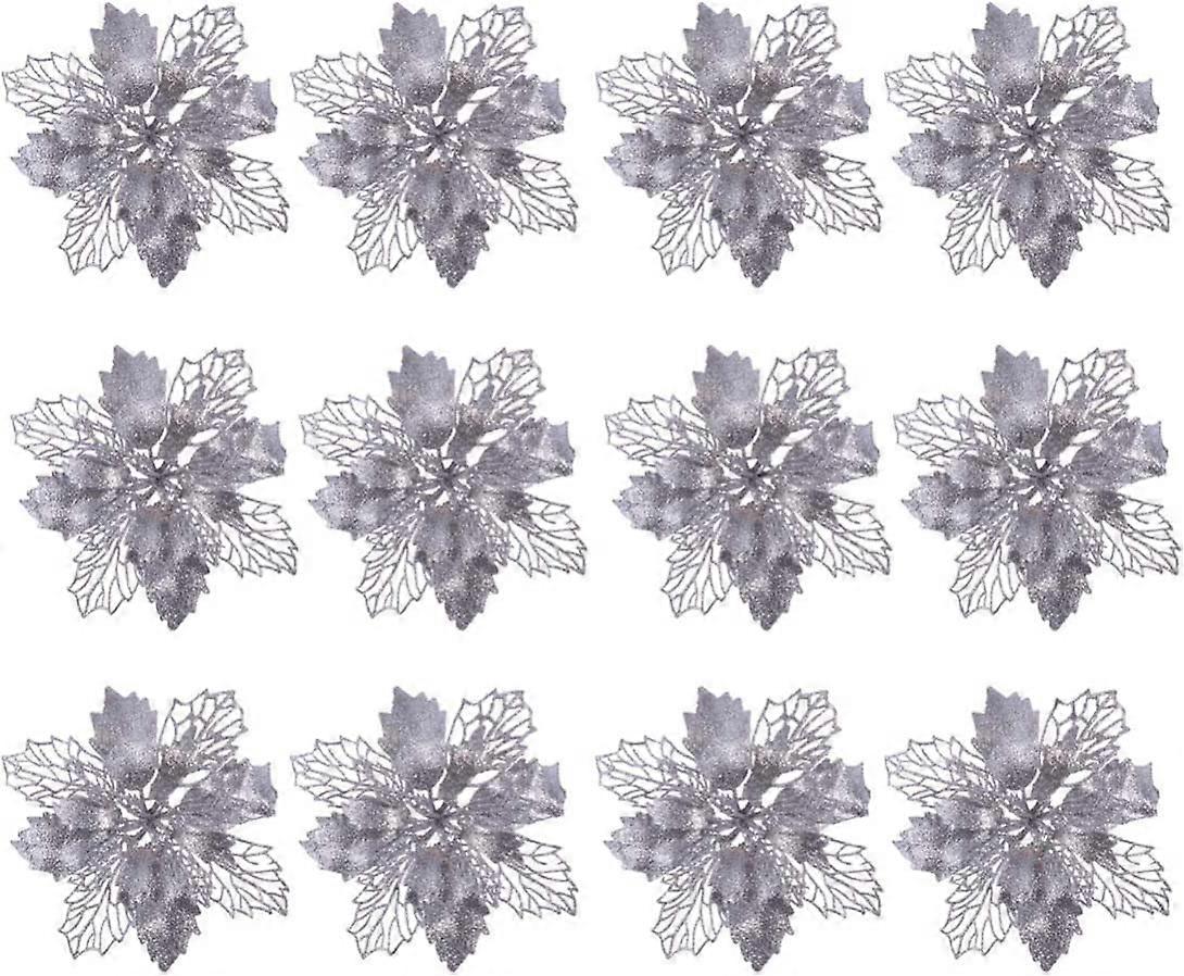 12 st Julblomma Julstjärna Glitter Julstjärna Konstgjord Julstjärna Julgran Prydnader Juldekorationer Blomma (Silver)