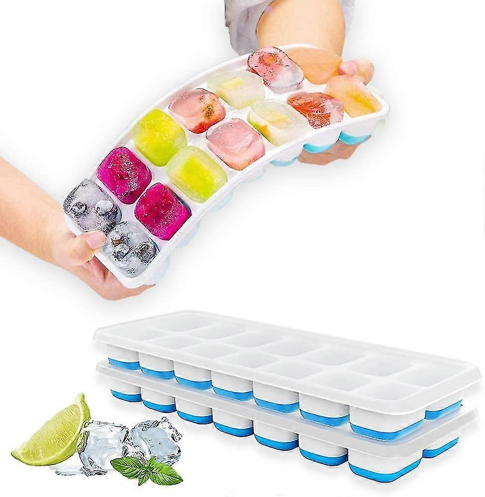 2-Pack Ice Cube Tray, Spill-Proof, Easy-Release, Reusable 14 Silicone Ice Cube Tray with Lid Flexibl