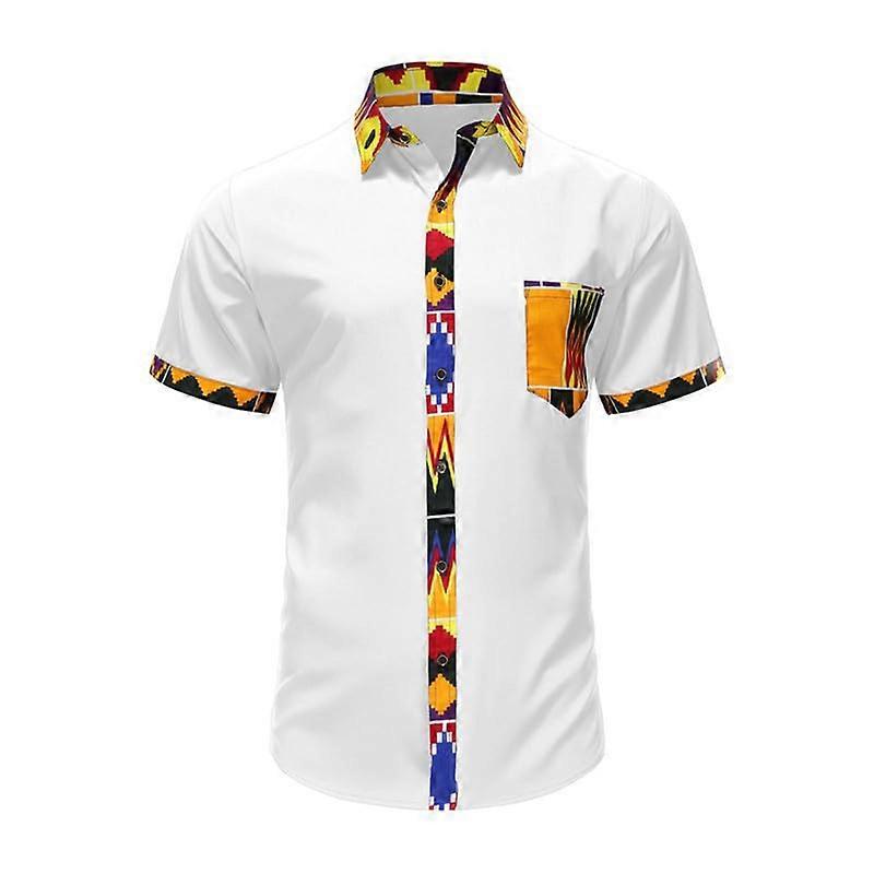 African Printed Patchwork Design Short Sleeve Button up Tshirt Traditional Dashiki Tops