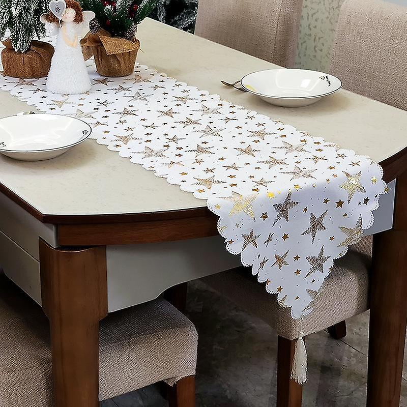 Christmas Tablecloths 200 * 36cm Bronzing White Xingx Table Runner With Tassel
