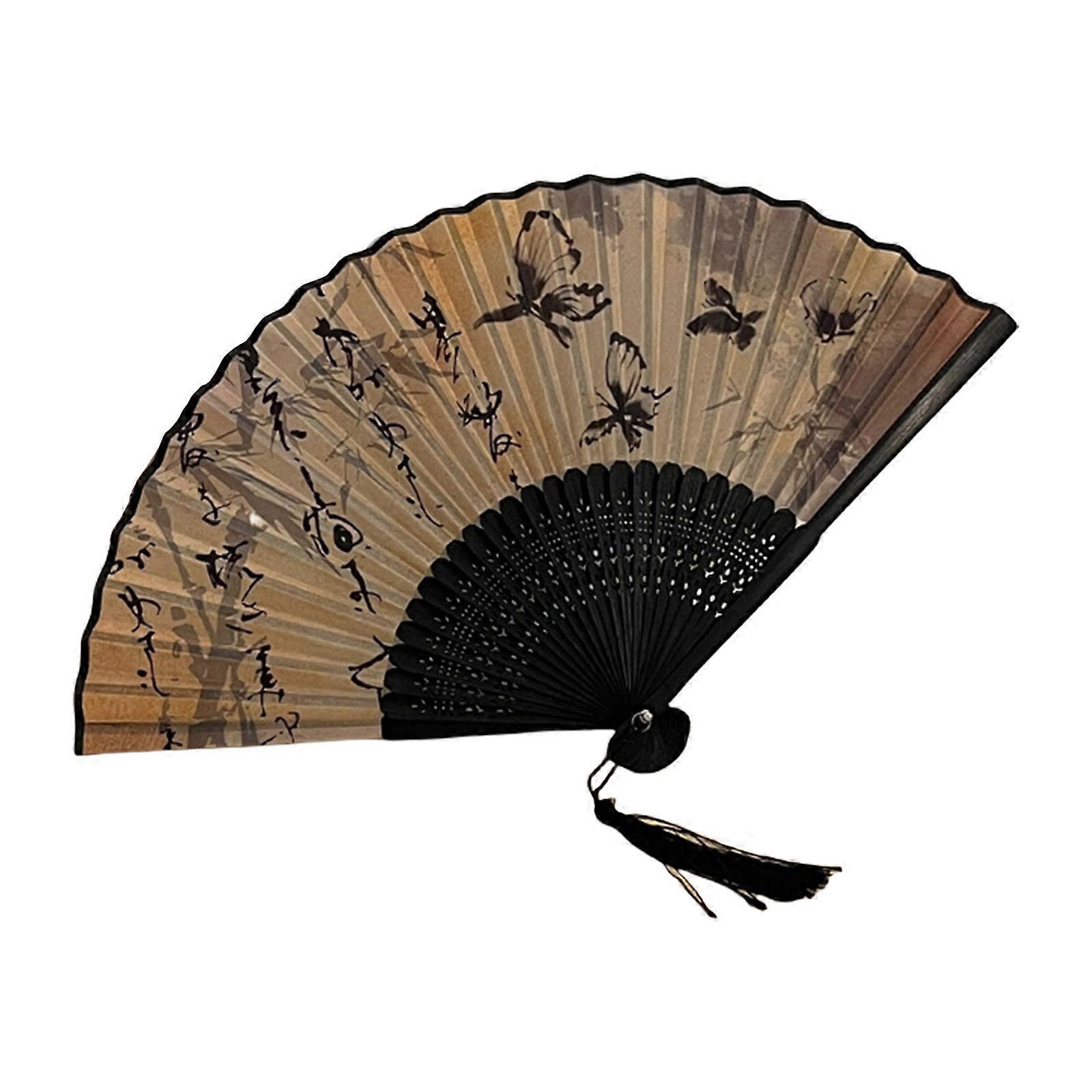 Foldable Wood Fan With Comfortable Grip and with Scenery and Calligraphy Print for Summer Cooling and Home Decoration