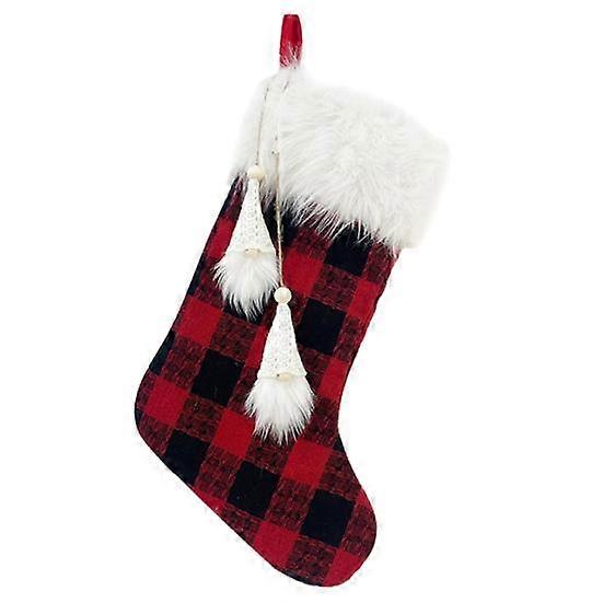 1Pc Christmas Stocking Red Black Plaid Faceless Gnome Tassel White Plush Top Reusable Xmas Tree Hanging Sock Gift Bag Pendant Holiday Decoration