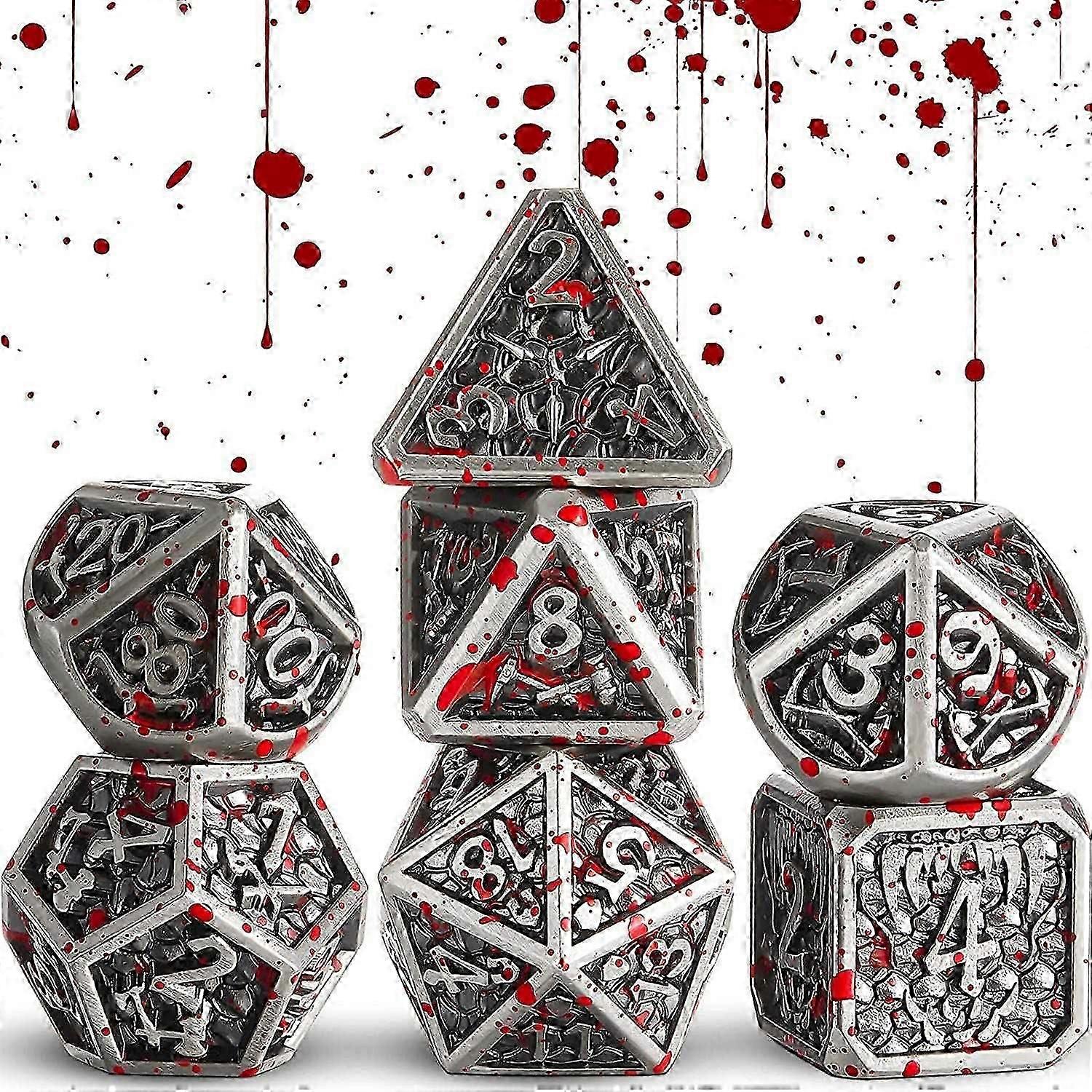 7 Pcs Blood Splatter Dice Set, Metal Bloodstained Polyhedral Dice Metal 7-Die Dice Set for Tabletop