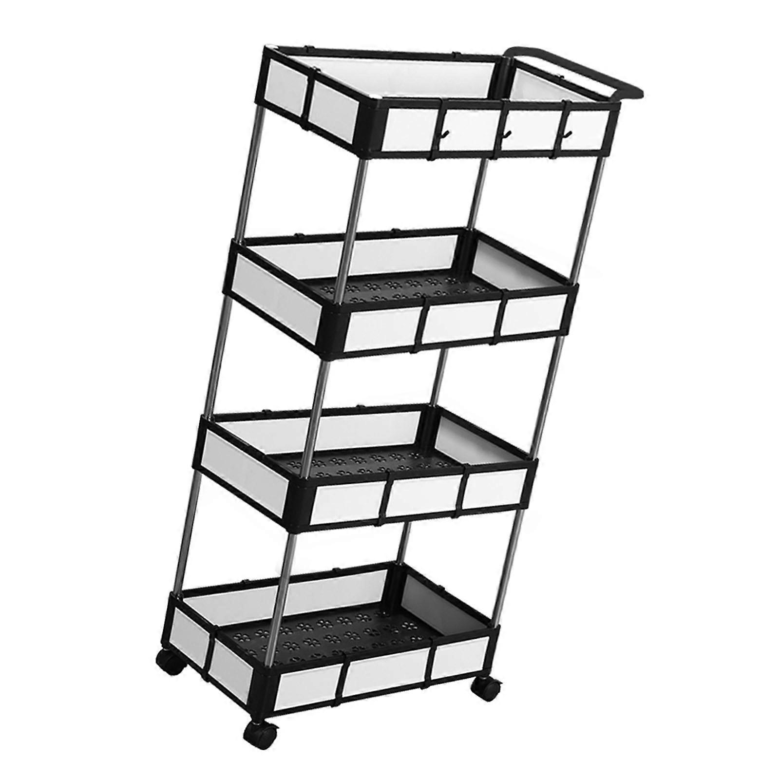 4-Layer Multifunctional Rolling Utility Cart with Detachable Baskets 4 Hooks Storage Cart with Handle Lockable Casters for Kitchen Office Bathroom Bl