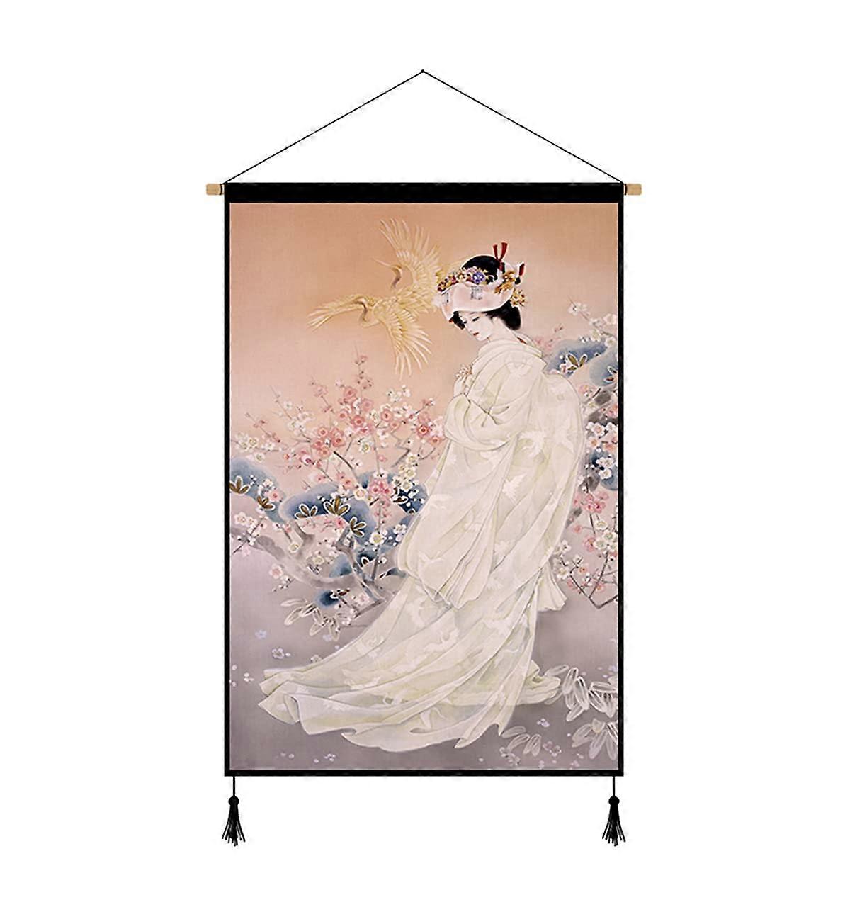 Japanese Style Wall Art – Framed Geisha Canvas Print Kimono Beauty Decor 18"x25.5" Ready to Hang Wooden Frame