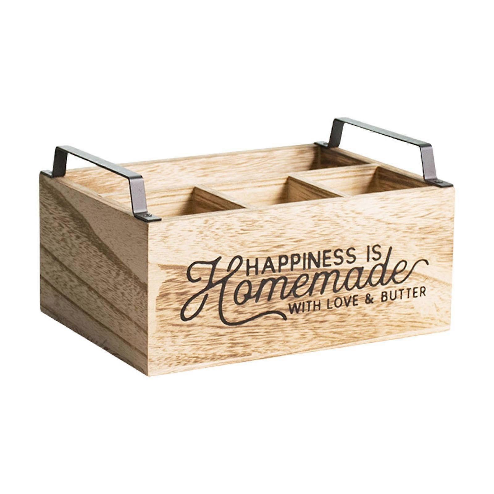 Wooden Storage Organizer Box 4 Compartments Kitchen Utensil Holder for Counter Dining Room Fork