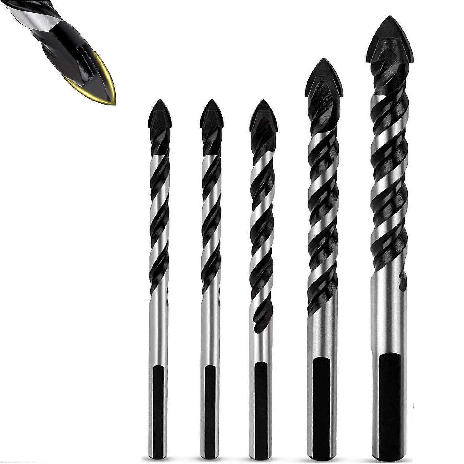 5Pcs Black Multi-Masonry Drill Bit Set Tungsten Carbide Tip for Ceramic Tile, Glass, Cinderblock(6,6,8,10,12mm)