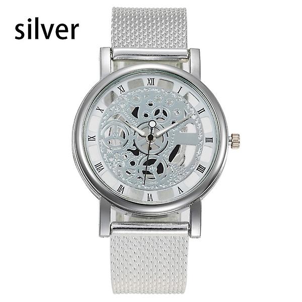 Pánske módne podnikanie Casual Hollow Out Quartz Watch Mesh Pás Oceľový dial pointer Roman Word