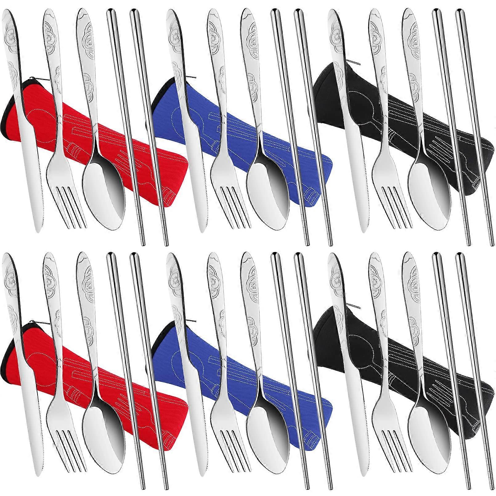 6 Pack Reusable Flatware Sets Spoon,Fork,Knife,Chopsticks,24Pcs Silverware