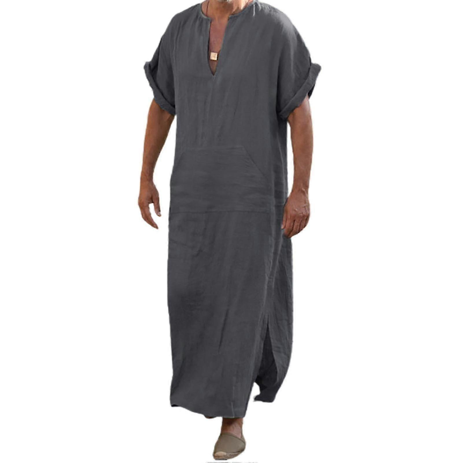 Deep V-Neck Ανδρική Ρόμπα Κοντή Χαλαρή Παραδοσιακή Ρόμπα Ρούχων για Άνδρες - Casual Comfort Wear Vintage Style Βαμβακερό Λινό Μπουρνούζι