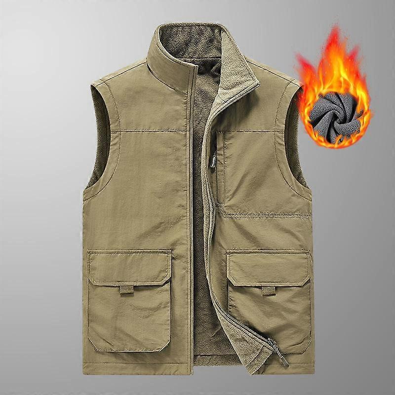 Autumn and Winter Men's Middle-aged Velvet Thickened Vest with A Base To Keep Warm and Casual Vest, Wearing A Multi-pocket Vest on Both Sides