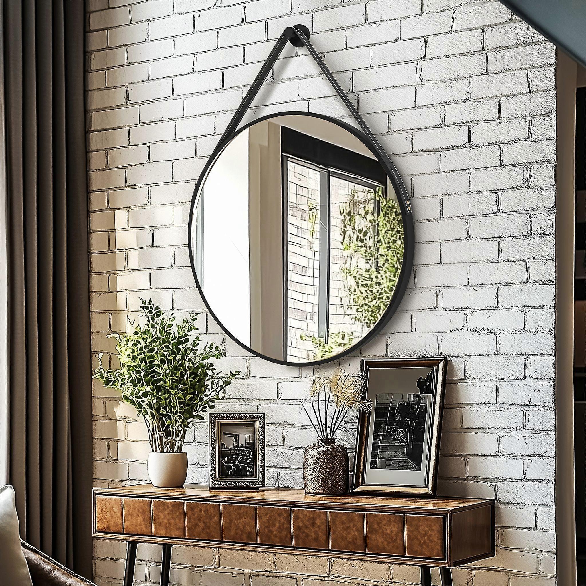 Grand miroir mural rond cadre en aluminium salle de bain miroir de courtoisie avec miroir suspendu en cuir