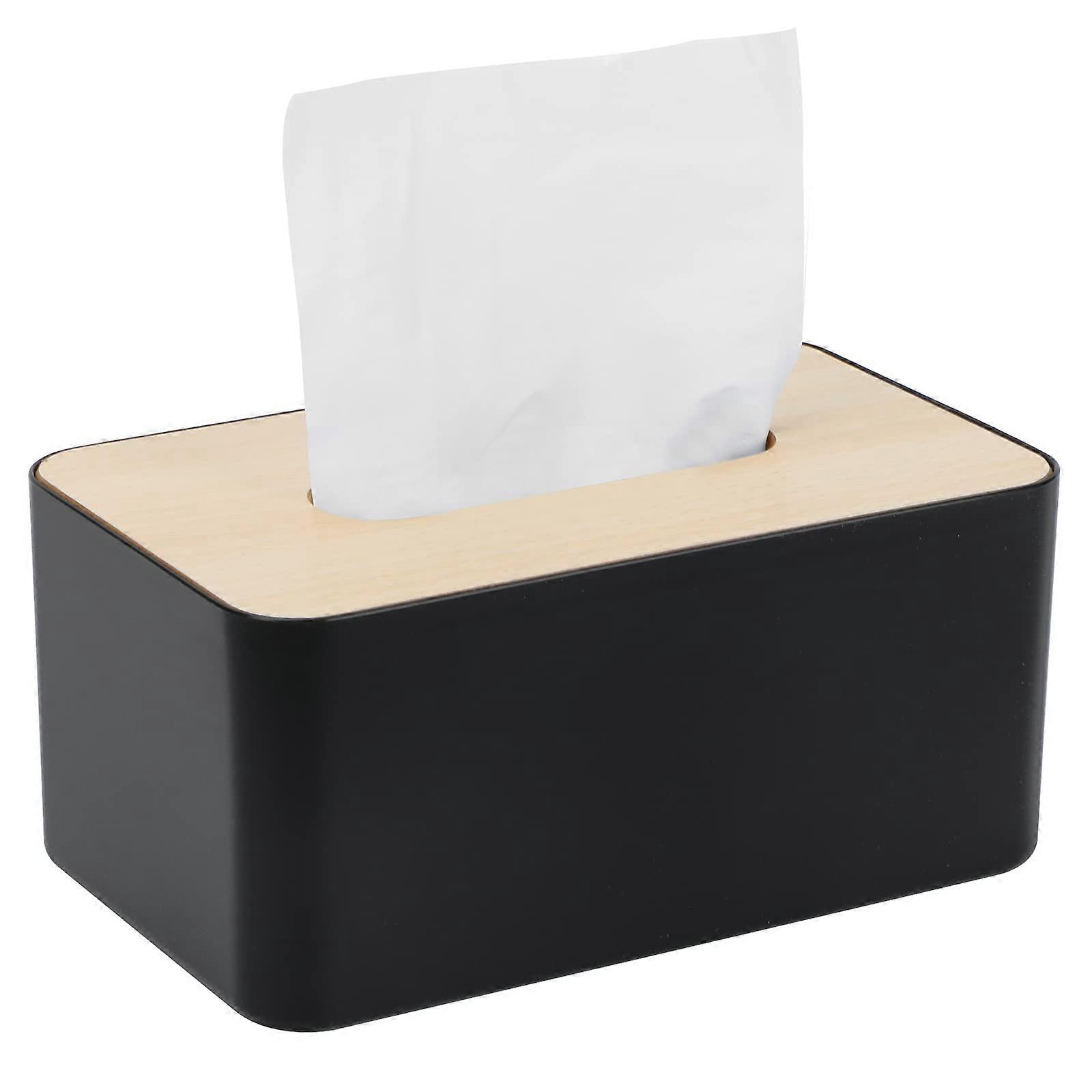 Bamboo Lid Tissue Box, Rectangular, Plastic Black