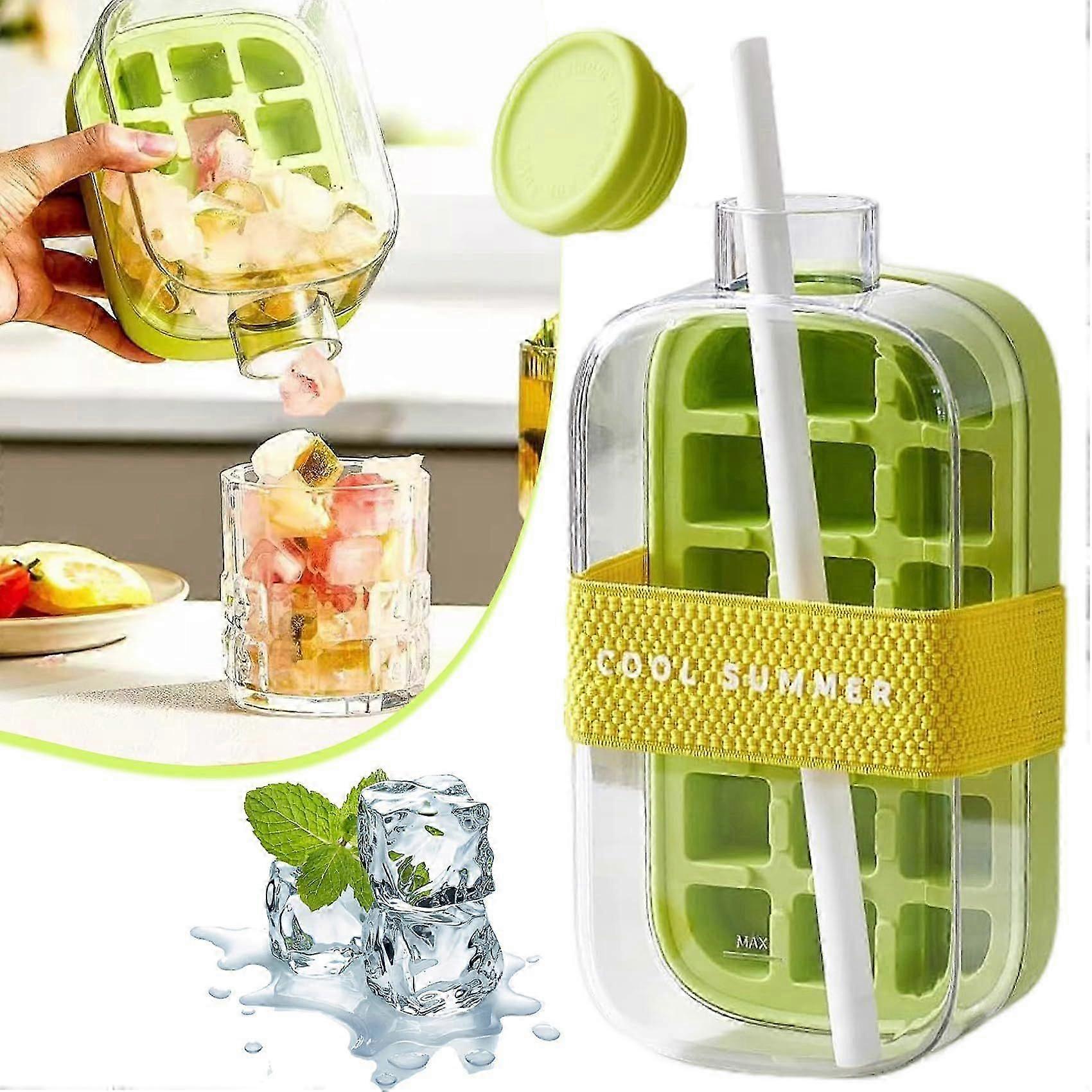 2-in-1 Ice Cube Tray Water Bottle, Touch-Free Easy Ice Release Freezer, 800ml Ice Mold Water Bottle for Coffee Juice Beverages Liquors