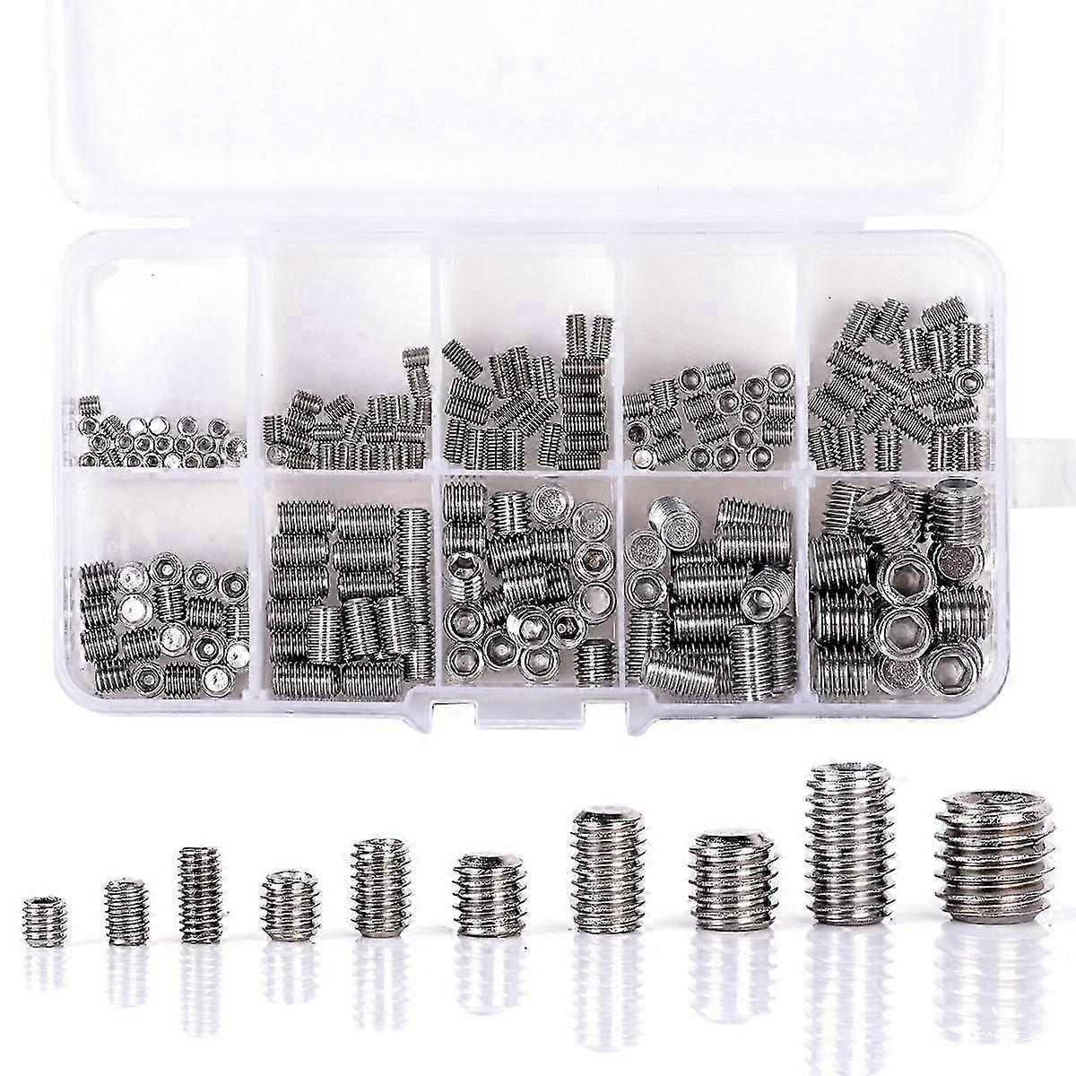 200Pcs 304 Edelstahl-Madenschrauben Sechskant-Innensechskantschrauben-Sortimentssatz M3 / M4 / M5 / M6 / M8
