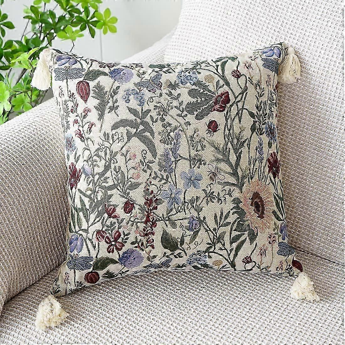 Capa de Almofada Jacquard com Flores de Fazenda com Borlas Primavera Floral Fronha de Jardim Capa de Almofada Quadrada Macia para Sofá Sofá Cama Cadeira (Roxo,18