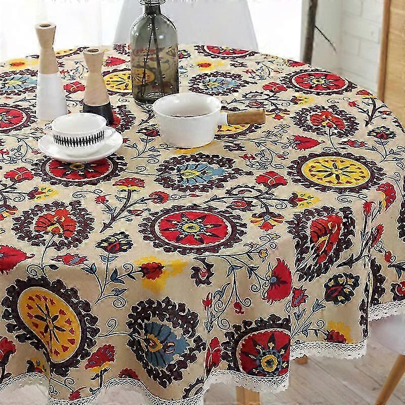 Sunflower Lace Round Tablecloth - Multi-Purpose Linen Cotton Blend Table Cover