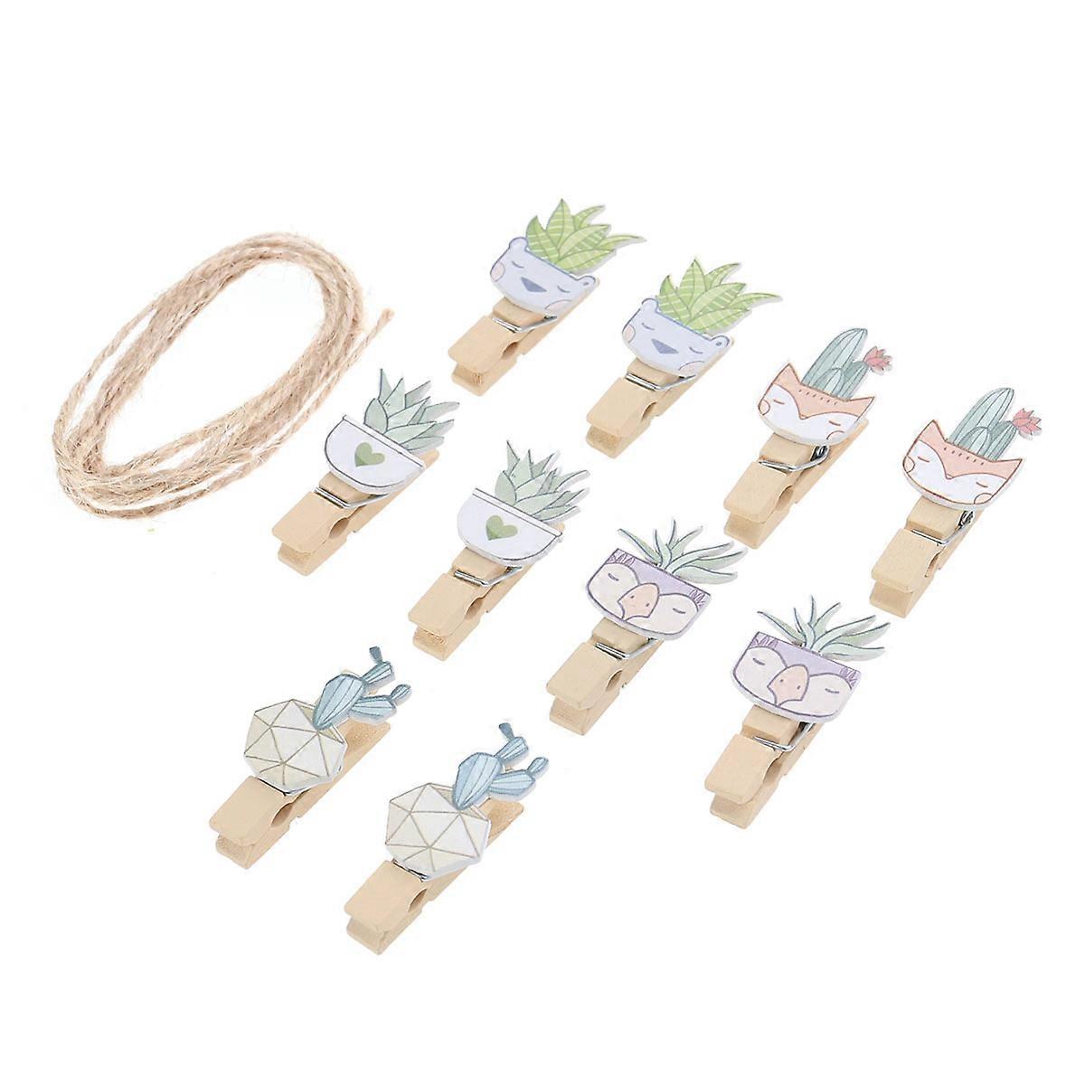 Creative Cactus Photo Clips Set of 10 Assorted Colors Plastic Material with Hemp Rope for Clipping