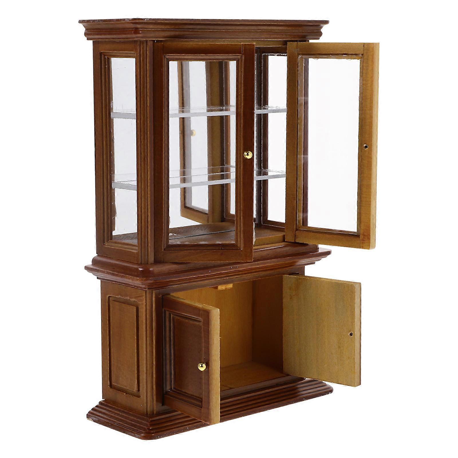 Wooden Miniature Cabinet for Doll House Decor with Glass Doors Brown Color Small Size 1 12 Scale
