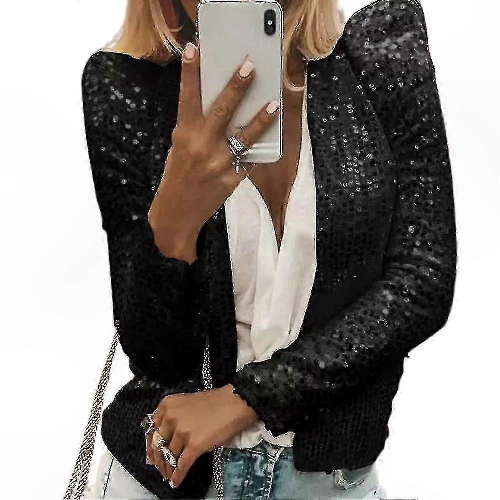 Sequin Long Sleeve Cardigan for Women Casual Open Front Coat Collarless Glitter Short Jacket