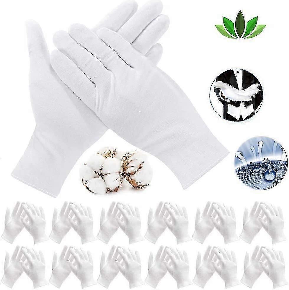 12 زوجا (24 قفاز) قفازات قطنية بيضاء ، قفازات عمل قفاز قماش مرنة قابلة للغسل ، للأيدي الجافة والأكزيما ، الترطيب ، فحص المجوهرات ومو