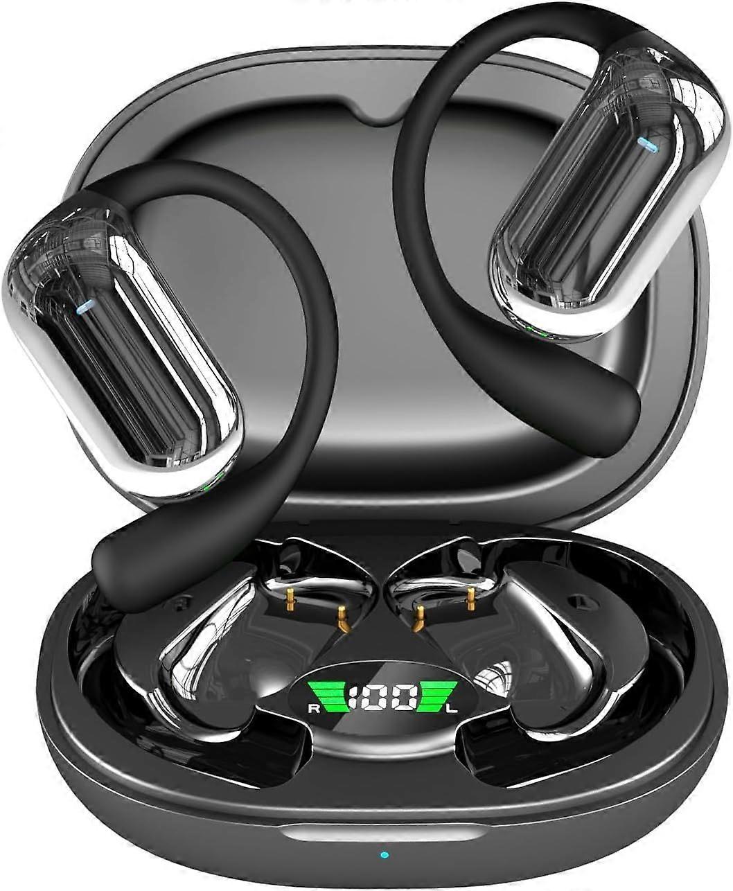 Earhook Bluetooth Headphones with LED Display and Noise Cancelling Microphone for Sports/Exercise/Running(Black)