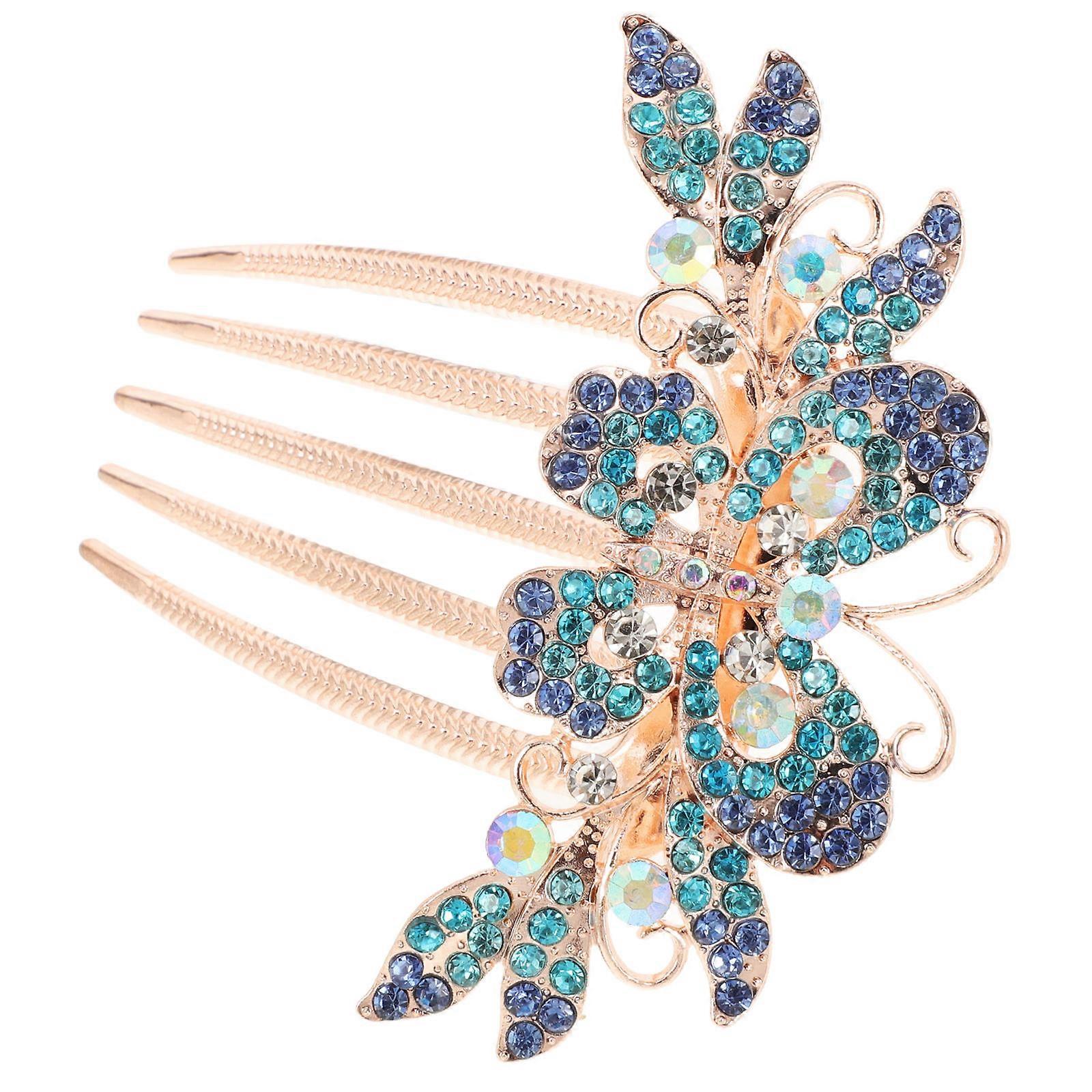 3Pcs Crystal Hair Comb Bridal Accessory Featuring Butterfly Shape For Weddings And Formal Occasions In Elegant Blue